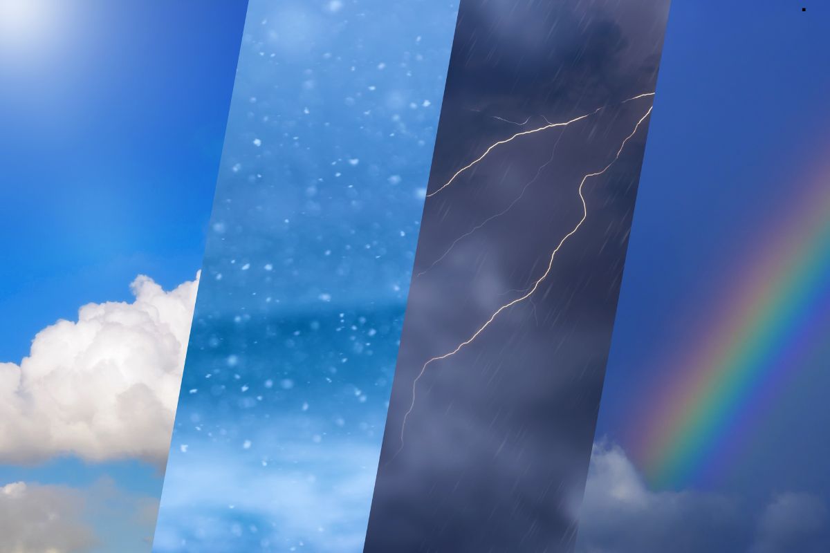 Four weather scenes featuring a rainbow and clouds, symbolizing clarity and freshness, ideal for a window cleaning service.