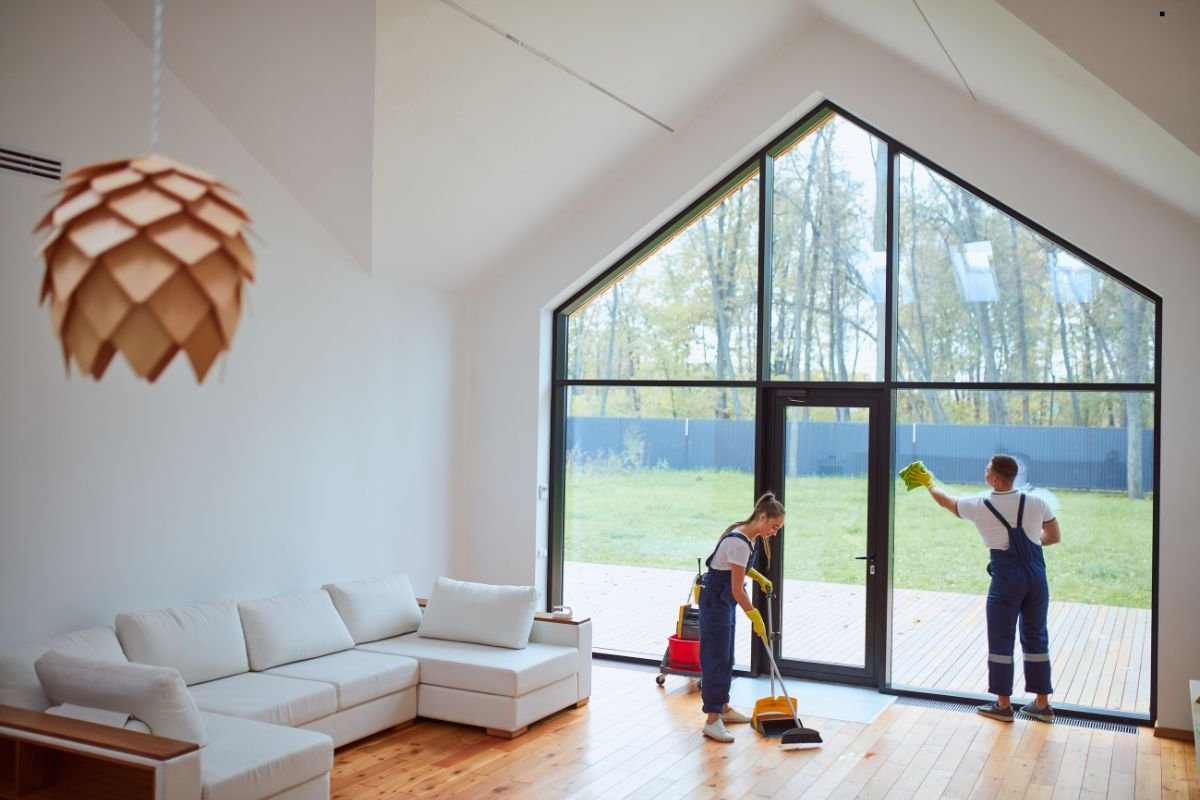  Two individuals diligently cleaning a room with large windows, showcasing a professional window cleaning service in action.