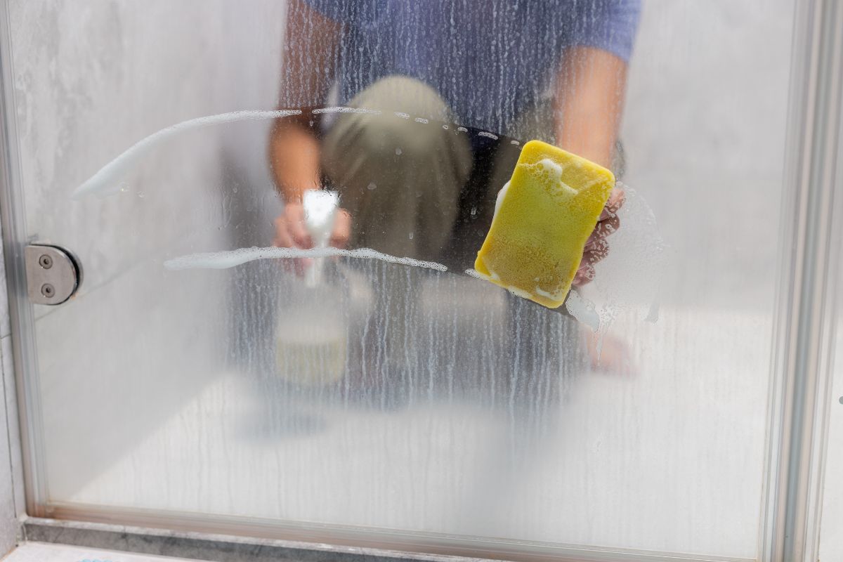 A person using a sponge to clean a glass shower door, focusing on removing soap scum and water spots.