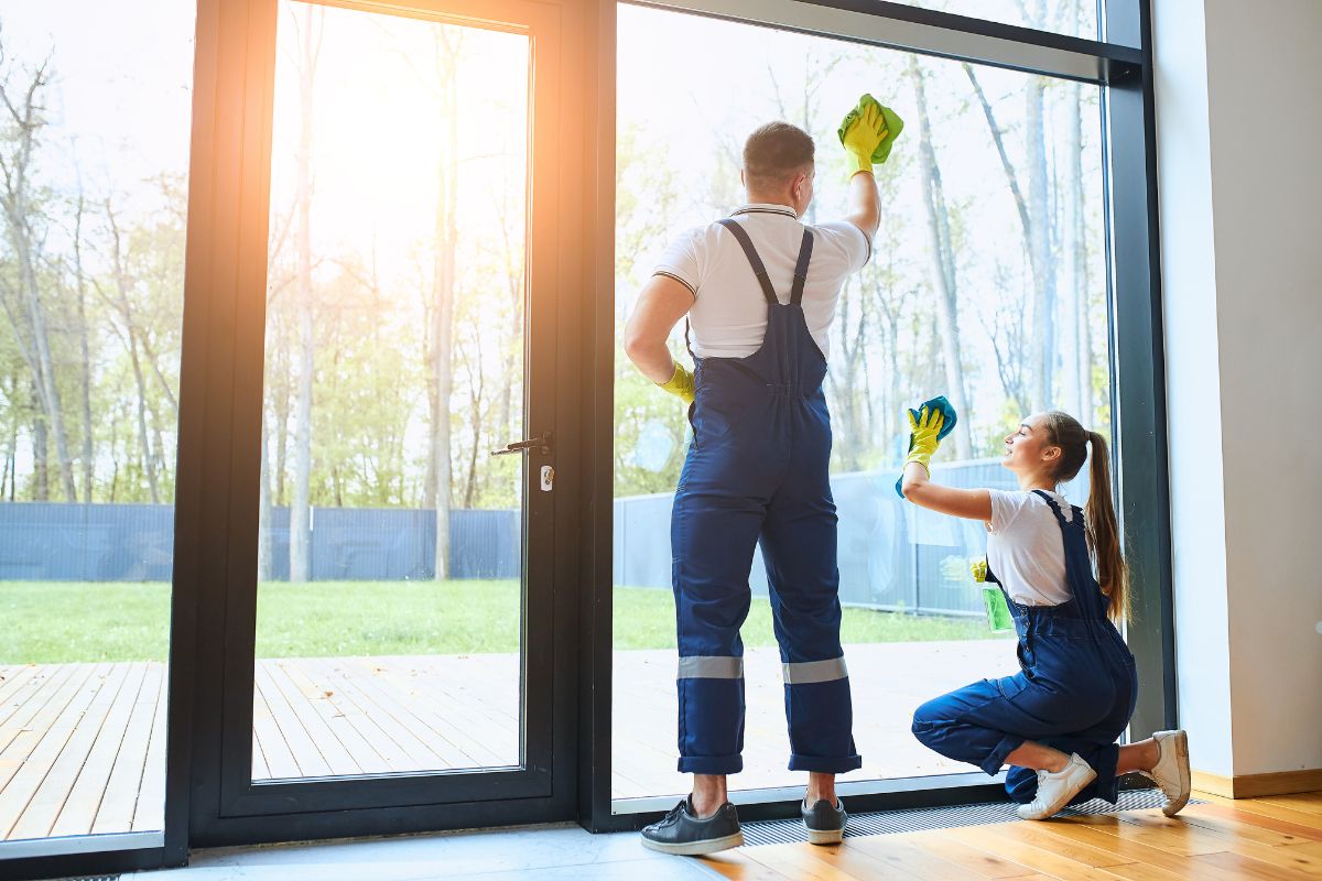 Two individuals cleaning windows in front of a large glass door, showcasing their teamwork and attention to detail.
