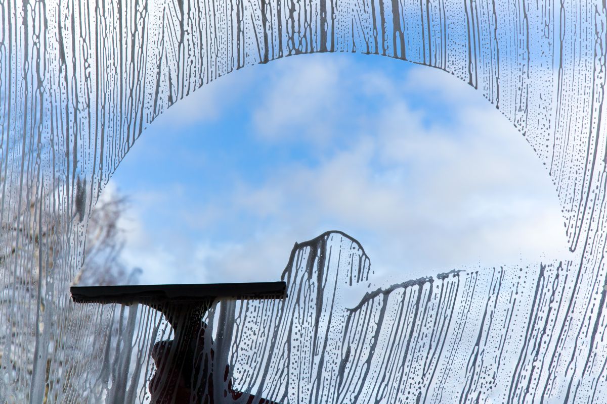 A person using a window cleaner to clean a large window, focused on removing dirt and streaks for a clear view.